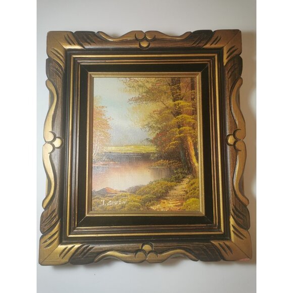 Oil Painting Signed J. Green Guilded Wood Frame Black Velvet Trim Vintage 1950s - Picture 1 of 12